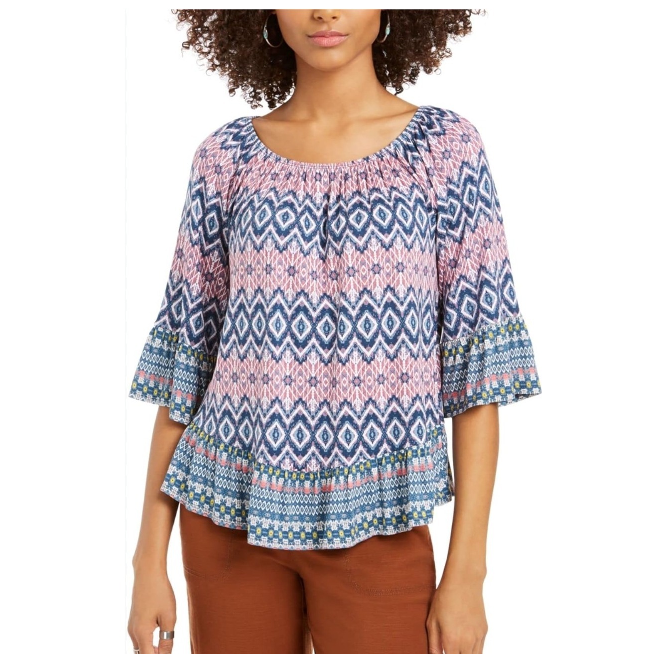 Style & Co Geometric Print Off Shoulder Bell Sleeve Top Blouse Size S Nwt $50